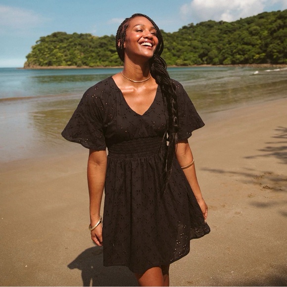 Albion Fit Smocked Dress Swimsuit Coverup Black Eyelet Size M - Picture 1 of 7